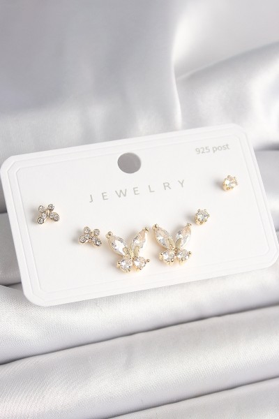 925 Ayar Gümüş çivi Pirinç Gold Renk Zirkon Taşlı Kelebek Model Kadın Küpe Seti