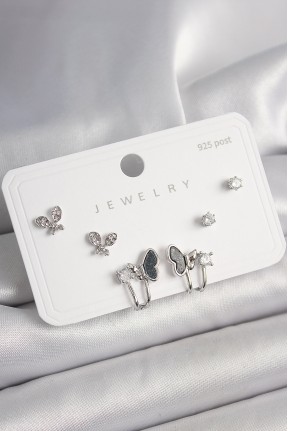 925 Ayar Gümüş çivi Pirinç Gümüş Renk Zirkon Taşlı Kelebek Model Kadın Küpe Seti 925 Ayar Gümüş çivi Pirinç Gümüş Renk Zirkon Taşlı Kelebek Model Kadın Küpe Seti