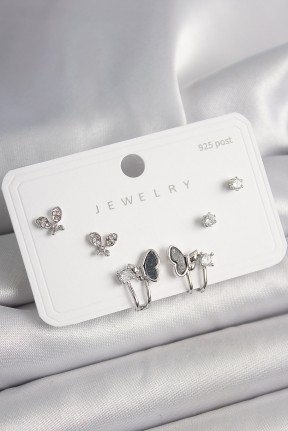 925 Ayar Gümüş çivi Pirinç Gümüş Renk Zirkon Taşlı Kelebek Model Kadın Küpe Seti 925 Ayar Gümüş çivi Pirinç Gümüş Renk Zirkon Taşlı Kelebek Model Kadın Küpe Seti