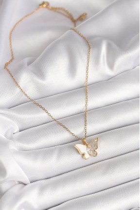 316l çelik Gold Renk Zincir Zirkon Taşlı Beyaz Mineli Kelebek Model Kadın Kolye