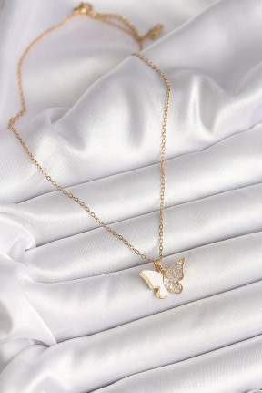 316l çelik Gold Renk Zincir Zirkon Taşlı Beyaz Mineli Kelebek Model Kadın Kolye 316l çelik Gold Renk Zincir Zirkon Taşlı Beyaz Mineli Kelebek Model Kadın Kolye