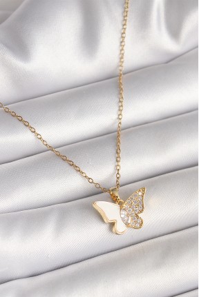 316l çelik Gold Renk Zincir Zirkon Taşlı Beyaz Mineli Kelebek Model Kadın Kolye
