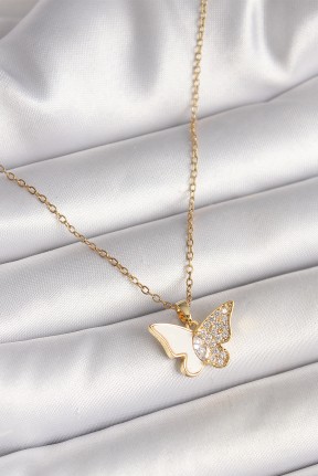316l çelik Gold Renk Zincir Zirkon Taşlı Beyaz Mineli Kelebek Model Kadın Kolye 316l çelik Gold Renk Zincir Zirkon Taşlı Beyaz Mineli Kelebek Model Kadın Kolye