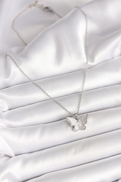 316l çelik Gümüş Renk Zincir Zirkon Taşlı Beyaz Mineli Kelebek Model Kadın Kolye