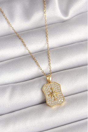 316l çelik Gold Renk Zincir Zirkon Taşlı Kutup Yıldız İşlemeli Madalyon Model Kadın Kolye