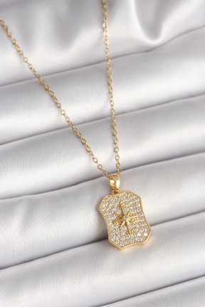 316l çelik Gold Renk Zincir Zirkon Taşlı Kutup Yıldız İşlemeli Madalyon Model Kadın Kolye 316l çelik Gold Renk Zincir Zirkon Taşlı Kutup Yıldız İşlemeli Madalyon Model Kadın Kolye