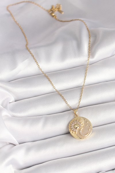 316l çelik Gold Renk Zincir Zirkon Taşlı Ay Güneş İşlemeli Madalyon Model Kadın Kolye 316l çelik Gold Renk Zincir Zirkon Taşlı Ay Güneş İşlemeli Madalyon Model Kadın Kolye