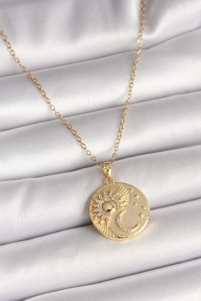 316l çelik Gold Renk Zincir Zirkon Taşlı Ay Güneş İşlemeli Madalyon Model Kadın Kolye 316l çelik Gold Renk Zincir Zirkon Taşlı Ay Güneş İşlemeli Madalyon Model Kadın Kolye