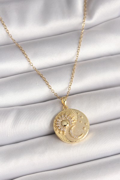 316l çelik Gold Renk Zincir Zirkon Taşlı Ay Güneş İşlemeli Madalyon Model Kadın Kolye