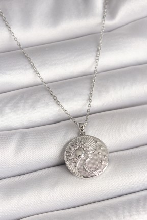 316l çelik Gümüş Renk Zincir Zirkon Taşlı Ay Güneş İşlemeli Madalyon Model Kadın Kolye 316l çelik Gümüş Renk Zincir Zirkon Taşlı Ay Güneş İşlemeli Madalyon Model Kadın Kolye