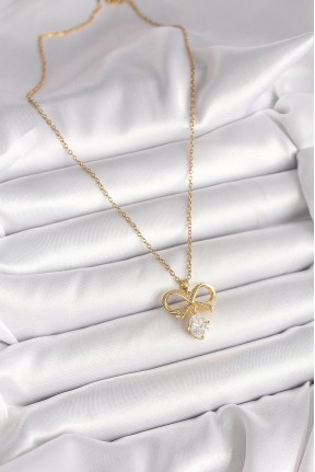 316l çelik Gold Renk Zincir Zirkon Taşlı Kurdele Model Kadın Kolye