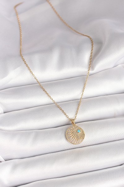 316l çelik Gold Renk Zincir Zirkon Taş İşlemeli Mavi Taş Detaylı Madalyon Model Kadın Kolye 316l çelik Gold Renk Zincir Zirkon Taş İşlemeli Mavi Taş Detaylı Madalyon Model Kadın Kolye
