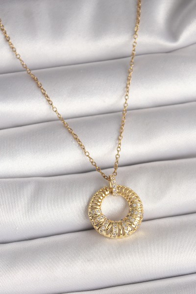 316l çelik Gold Renk Zincir Zirkon Taş İşlemeli Daire Model Kadın Kolye