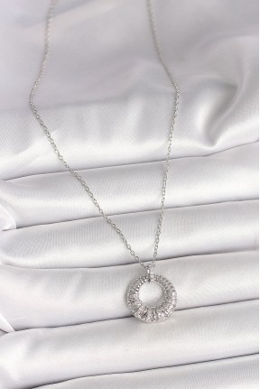 316l çelik Gümüş Renk Zincir Zirkon Taş İşlemeli Daire Model Kadın Kolye