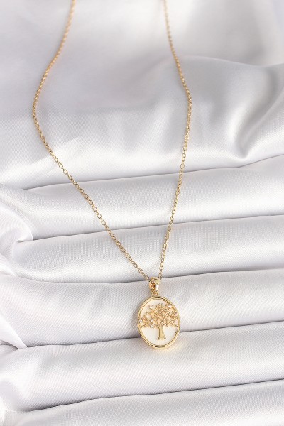 316l çelik Gold Renk Zincir Zirkon Taş Detaylı Beyaz Mineli Ağaç İşlemeli Portre Model Kadın Kolye