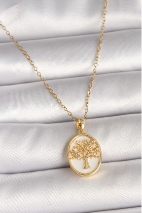 316l çelik Gold Renk Zincir Zirkon Taş Detaylı Beyaz Mineli Ağaç İşlemeli Portre Model Kadın Kolye