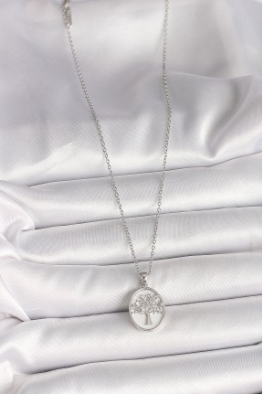 316l çelik Gümüş Renk Zincir Zirkon Taş İşlemeli Beyaz Mineli Ağaç İşlemeli Portre Model Kadın Kolye