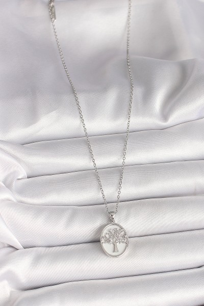 316l çelik Gümüş Renk Zincir Zirkon Taş İşlemeli Beyaz Mineli Ağaç İşlemeli Portre Model Kadın Kolye