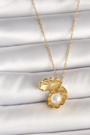 316l çelik Gold Renk Zincir Açılır İncili Midye Model Kadın Kolye