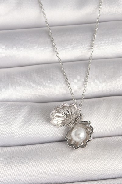 316l çelik Gümüş Renk Zincir Açılır İncili Midye Model Kadın Kolye 316l çelik Gümüş Renk Zincir Açılır İncili Midye Model Kadın Kolye