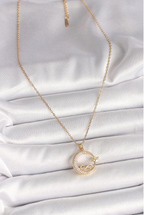 316l çelik Gold Renk Zincir Zirkon Taşlı Ay Yıldız Model Sonsuzluk Detay Kadın Kolye