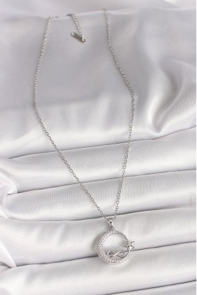 316l çelik Gümüş Renk Zincir Zirkon Taşlı Ay Yıldız Model Sonsuzluk Detay Kadın Kolye