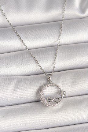 316l çelik Gümüş Renk Zincir Zirkon Taşlı Ay Yıldız Model Sonsuzluk Detay Kadın Kolye
