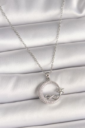 316l çelik Gümüş Renk Zincir Zirkon Taşlı Ay Yıldız Model Sonsuzluk Detay Kadın Kolye