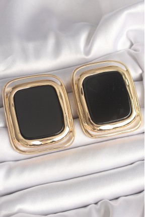 Pirinç Gold Renk Siyah Mineli Kare Model Kadın Küpe