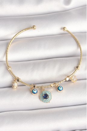 Pirinç Gold Renk Zirkon Taşlı Nazar Boncuk Detay Charm Kadın Bileklik Pirinç Gold Renk Zirkon Taşlı Nazar Boncuk Detay Charm Kadın Bileklik
