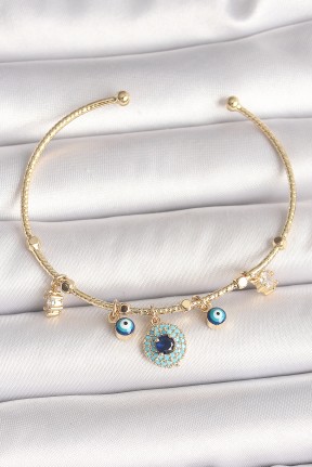 Pirinç Gold Renk Zirkon Taşlı Nazar Boncuk Detay Charm Kadın Bileklik Pirinç Gold Renk Zirkon Taşlı Nazar Boncuk Detay Charm Kadın Bileklik