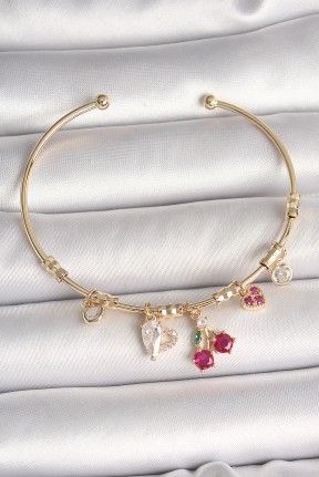 Pirinç Gold Renk Sallantı Kırmızı Zirkon Taşlı Kiraz Figür Charm Kadın Bileklik Pirinç Gold Renk Sallantı Kırmızı Zirkon Taşlı Kiraz Figür Charm Kadın Bileklik