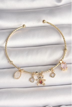 Pirinç Gold Renk Sallantı Zirkon Taşlı Ayıcık Figür Kırmızı Kalp Detay Charm Kadın Bileklik Pirinç Gold Renk Sallantı Zirkon Taşlı Ayıcık Figür Kırmızı Kalp Detay Charm Kadın Bileklik
