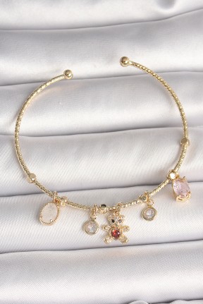 Pirinç Gold Renk Sallantı Zirkon Taşlı Ayıcık Figür Kırmızı Kalp Detay Charm Kadın Bileklik Pirinç Gold Renk Sallantı Zirkon Taşlı Ayıcık Figür Kırmızı Kalp Detay Charm Kadın Bileklik