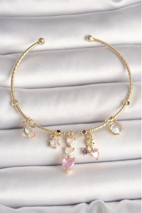 Pirinç Gold Renk Sallantı Zirkon Taşlı Kalp Figür Pembe Kalp Detay Charm Kadın Bileklik Pirinç Gold Renk Sallantı Zirkon Taşlı Kalp Figür Pembe Kalp Detay Charm Kadın Bileklik