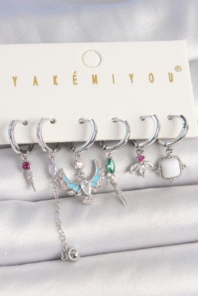 Pirinç Gümüş Renk Zirkon Taşlı Kuş Figür çiçek Detay 6'lı Kadın Kombin Küpe Pirinç Gümüş Renk Zirkon Taşlı Kuş Figür çiçek Detay 6'lı Kadın Kombin Küpe