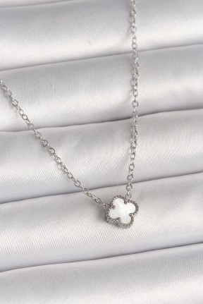 316l çelik Gümüş Renk Beyaz Yonca Model Kadın Kolye
