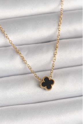 316l çelik Gold Renk Siyah Yonca Model Kadın Kolye 316l çelik Gold Renk Siyah Yonca Model Kadın Kolye