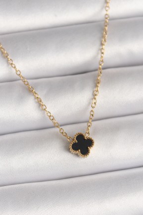 316l çelik Gold Renk Siyah Yonca Model Kadın Kolye 316l çelik Gold Renk Siyah Yonca Model Kadın Kolye