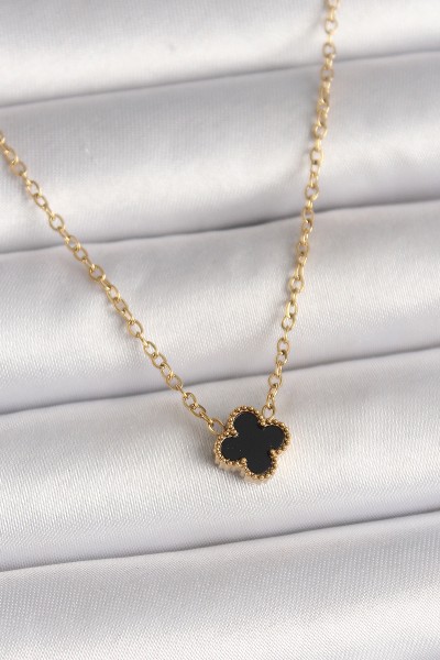 316l çelik Gold Renk Siyah Yonca Model Kadın Kolye 316l çelik Gold Renk Siyah Yonca Model Kadın Kolye