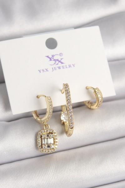 Pirinç Gold Renk Zirkon Taşlı Baget Halka Model 3'lü Kadın Kombin Küpe