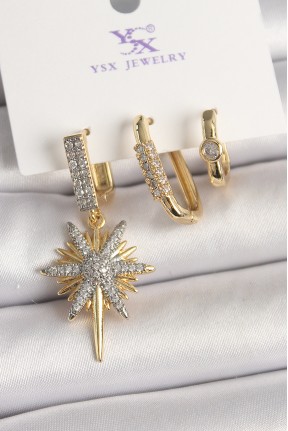 Pirinç Gold Renk Sallantı Zirkon Taşlı Kutup Yıldız Model 3'lü Kadın Kombin Küpe Pirinç Gold Renk Sallantı Zirkon Taşlı Kutup Yıldız Model 3'lü Kadın Kombin Küpe