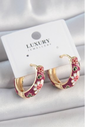 Pirinç Gold Renk Halka Mor çiçek Mineli Kadın Küpe Pirinç Gold Renk Halka Mor çiçek Mineli Kadın Küpe