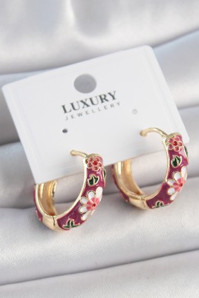 Pirinç Gold Renk Halka Mor çiçek Mineli Kadın Küpe Pirinç Gold Renk Halka Mor çiçek Mineli Kadın Küpe