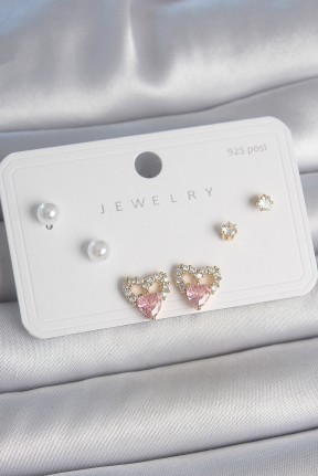 Pirinç Gold Renk Pembe Zirkon Taşlı Kalp Model İnci Detay 925 Ayar Kadın Küpe Seti Pirinç Gold Renk Pembe Zirkon Taşlı Kalp Model İnci Detay 925 Ayar Kadın Küpe Seti