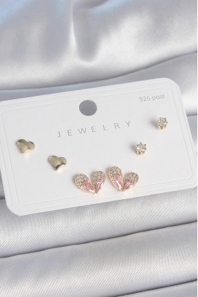 Pirinç Gold Renk Pembe Zirkon Taşlı Kalp Model 925 Ayar Gümüş çivi Kadın Küpe Seti Pirinç Gold Renk Pembe Zirkon Taşlı Kalp Model 925 Ayar Gümüş çivi Kadın Küpe Seti