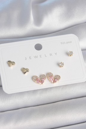 Pirinç Gold Renk Pembe Zirkon Taşlı Kalp Model 925 Ayar Gümüş çivi Kadın Küpe Seti Pirinç Gold Renk Pembe Zirkon Taşlı Kalp Model 925 Ayar Gümüş çivi Kadın Küpe Seti