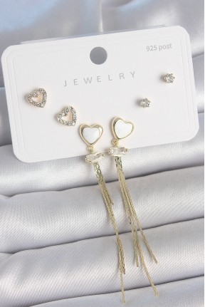 Pirinç Gold Renk Beyaz Mineli Sallantı Mineli Kalp Model Zirkon Taş Detaylı 925 Ayar Gümüş çivi Kadın Küpe Seti Pirinç Gold Renk Beyaz Mineli Sallantı Mineli Kalp Model Zirkon Taş Detaylı 925 Ayar Gümüş çivi Kadın Küpe Seti