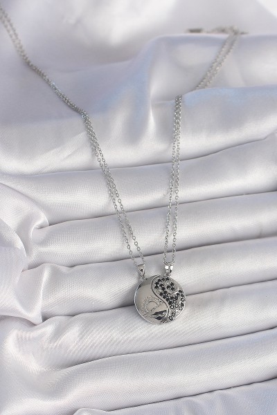 316l çelik Gümüş Renk Zincir Zirkon Taşlı Ying Yang Model Gün Batımı İşlemeli Arakdaşlık Kadın Kolye