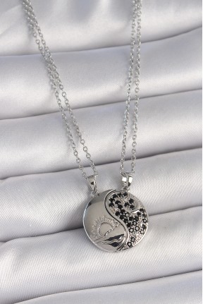 316l çelik Gümüş Renk Zincir Zirkon Taşlı Ying Yang Model Gün Batımı İşlemeli Arakdaşlık Kadın Kolye